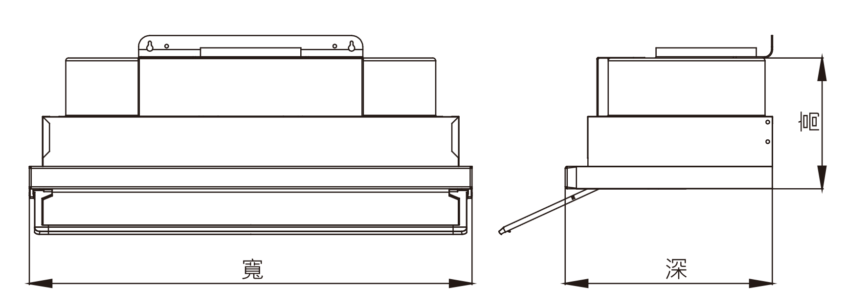 外觀尺寸示意圖 除油煙機外觀尺寸示意圖,標示寬、深、高
